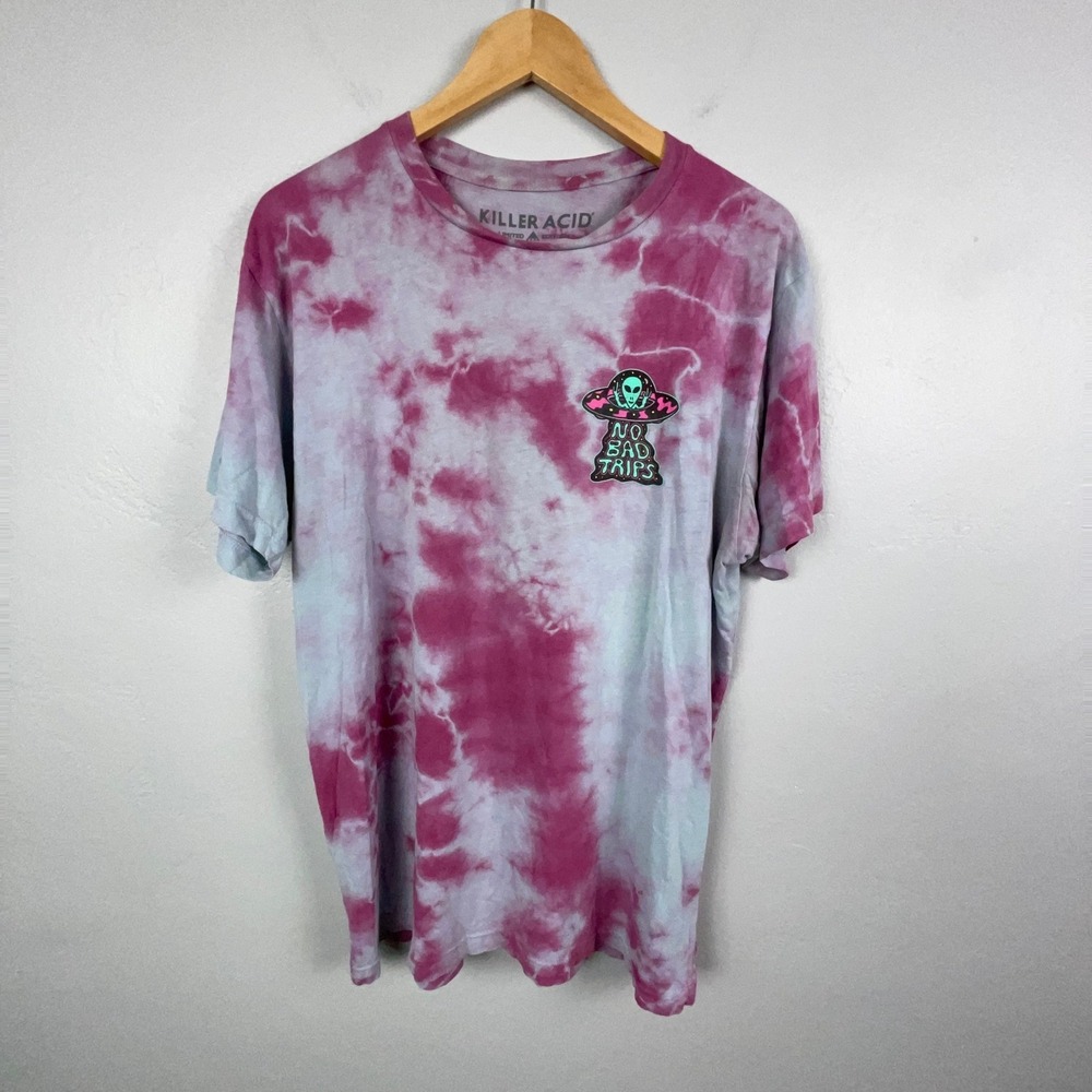 Killer Acid No Bad Trips T-Shirt Mens L Pink Tie Dye Alien Graphic Tee Hippie